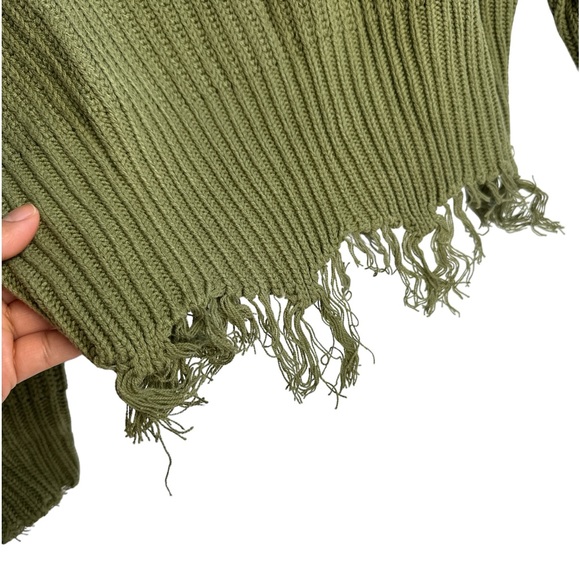 Women Raw Hem V-Neck Green Sweater Long Sleeve Ribbed Knit Pullover Jumper Top S - Picture 4 of 10